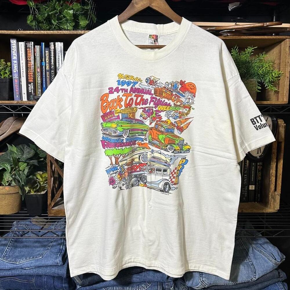 Vintage 90s Single Stitch Car Show Tee Mens 2XL White Racing Cartoon Shirt